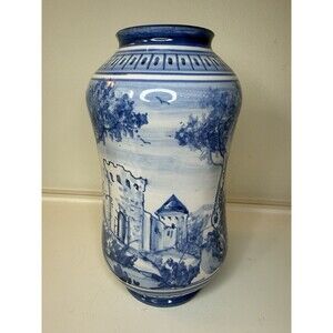 Blue & White Hand Painted Ceramic Vase Scenic Landscape 9” Chinoiserie Style
